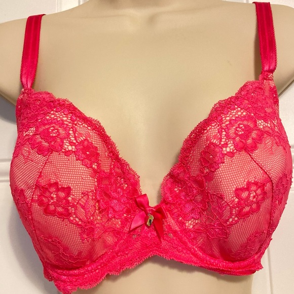 H&M Fancy Lace Lacey Sexy Push Up Underwire Bra Hot Pink 36D - Picture 1 of 10